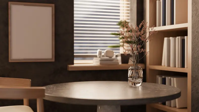 A close-up of a round dark stone marble table by the window and a bookshelf in a cozy contemporary room, a copy space on the table for displaying products. 3d render, 3d illustration