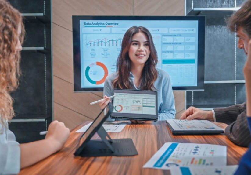 Group of Business people presenting and brainstorming a modern office meeting room